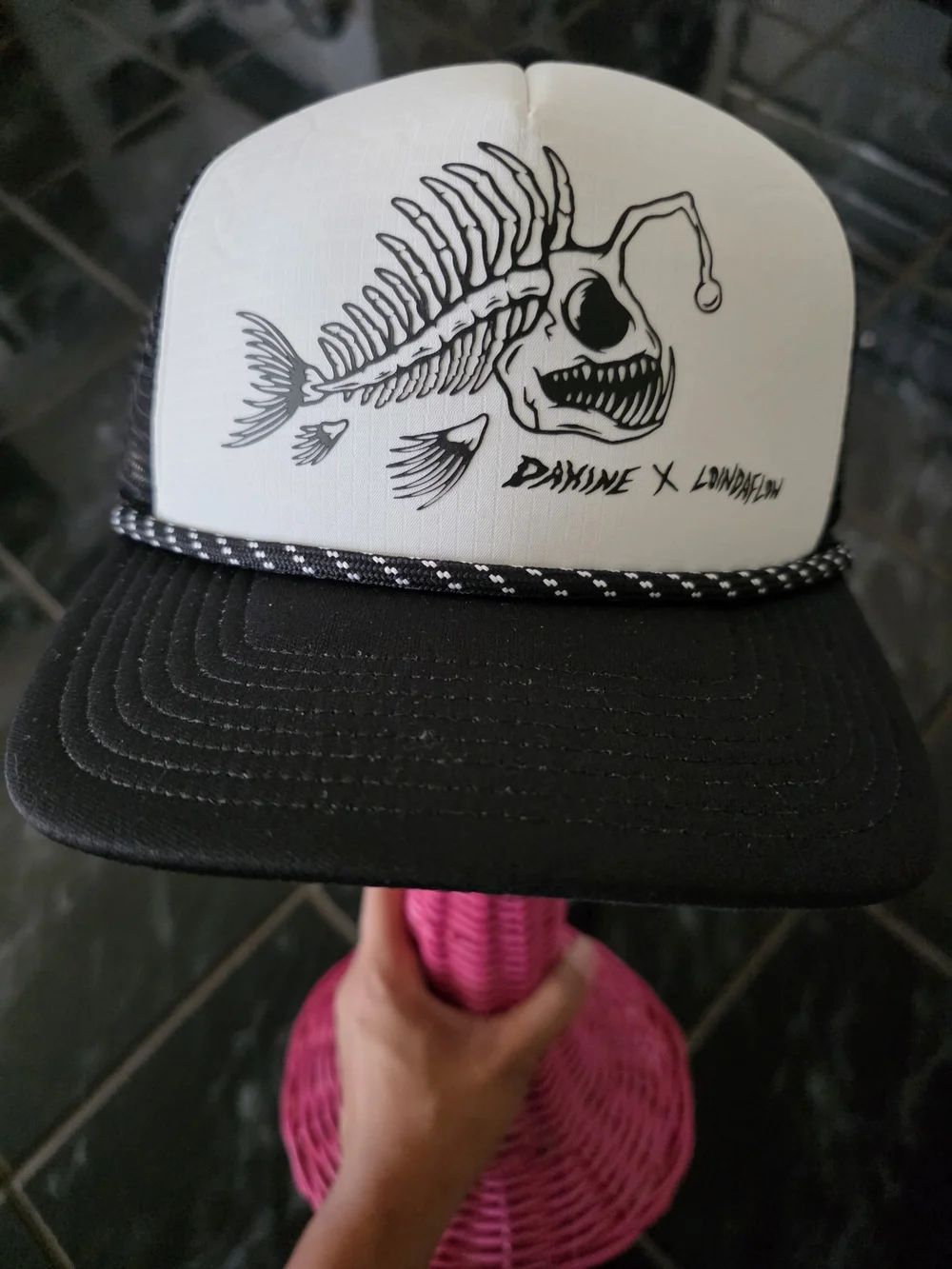 Black & White Fish Skeleton Trucker Hat Da Kine